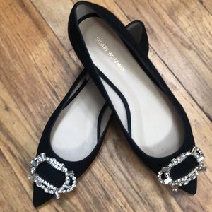 Stuart Weizman  Gem 💎Embellished Toe “Shine” Black Suede Leather Eloise Flat